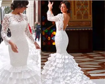 Luxury 2023 Кружевные свадебные платья русалки с оборками и длинным рукавом Соборный поезд Свадебные платья с открытой спиной