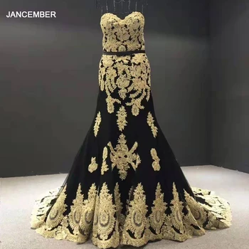 J66199 черное вечернее платье без бретелек большие размеры аппликации золотое кружево русалка вечернее платье придворный поезд халат de soirée élégante