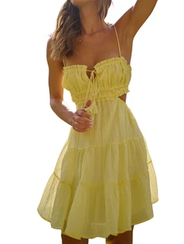 Французские женщины сексуальное облегающее мини-платье с вырезом и тонкими бретелями и дизайном без спинки Hollow Out Многослойная пляжная вечеринка летом