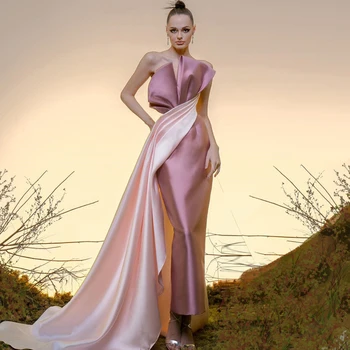 без бретелек светло-розовые двухцветные вечерние платья со шлейфом до щиколотки прямое выпускное платье с открытой спиной женская одежда элегантная