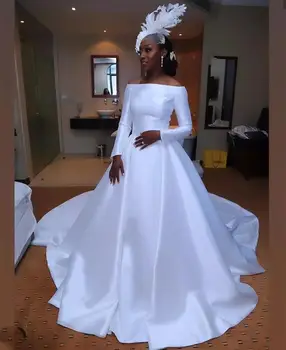 Атласные свадебные платья 2023 Длинный рукав Королевский поезд A-Line Блестящие атласные свадебные платья на заказ Африканские быть женщинами