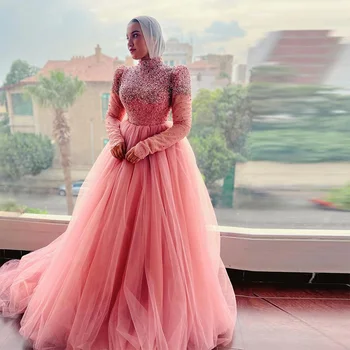 sevintage Скромные розовые выпускные платья Бисероплетение Кристаллы с длинными рукавами Мусульманское вечернее платье с высоким воротником Хиджаб Исламское вечернее платье