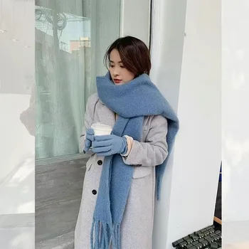 2023 Корейский стиль осень и зима новая тканая шаль с кисточками однотонный утолщенный шарф