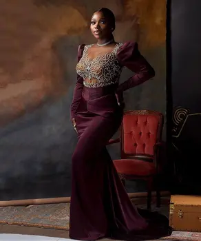 фиолетовые вечерние платья с длинными рукавами русалка выпускные платья черные женщины aso ebi свадебный наряд