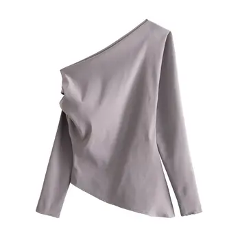 Женщины 2023 Новая мода Асимметричный дизайн Эластичные плиссированные блузки с открытыми плечами Винтаж Женские рубашки с длинным рукавом Шикарные топы