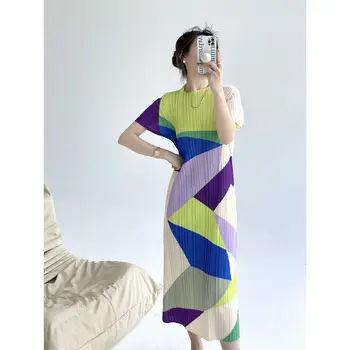 Sanzhai Плиссированное 2023 лето Новое женское платье Модное винтажное платье с коротким рукавом и геометрическим принтом средней длины