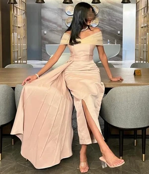 розовые атласные вечерние платья с разрезом плиссированные длинные выпускное платье с открытыми плечами и лодыжками Саудовская Аравия Женские свадебные платья