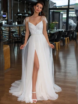 Роскошные свадебные платья А-образного выреза для женщин Свадебные платья без рукавов в стиле бохо кружевные аппликации с разрезом vestidos de novia на заказ