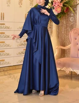 темно-синий атлас с длинным рукавом мусульманские вечерние платья хиджаб исламский выпускной вечер вечернее платье женщины арабский кафтан халат de soiree