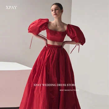 XPAY 2024 Red A Line Вечерние платья из двух частей Пышные рукава Тафта Длина до пола Выпускные платья Свадебное платье Фотосессия