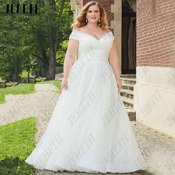JEHETH Простые свадебные платья для женщин Большие размеры с открытыми плечами V-образным вырезом Платья невесты Молния сзади Тюль A-Line vestidos de novia