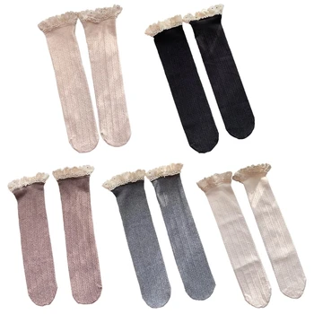 Вертикальные полосатые ребристые длинные носки Женщины Японские сладкие кружевные чулки с оборками