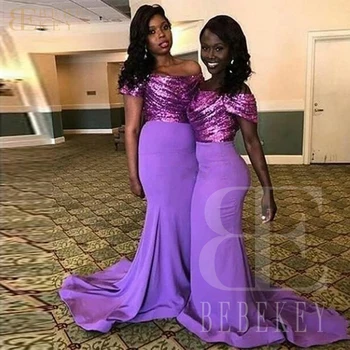 Фиолетовое платье с пайетками для свадьбы Платья для гостей для женщин с открытыми плечами Халаты подружек невесты Элегантные платья Свадьбы Вечер