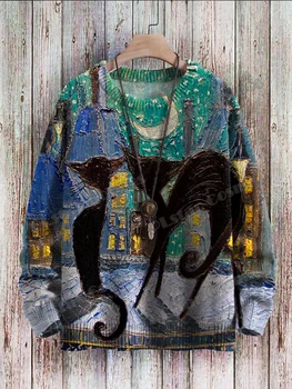 Симпатичные черные кошки Ночная сцена Художественный узор 3D-печатный мужской вязаный пуловер Зимний унисекс Повседневный теплый трикотажный свитер ZZM69