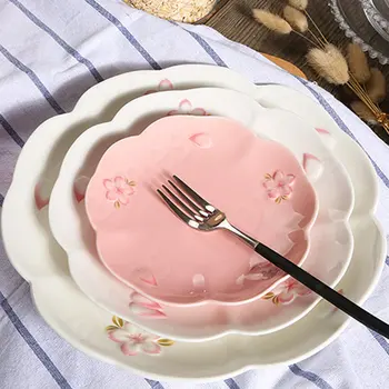 Керамическая тарелка с тиснением Розовые обеденные тарелки с цветущей вишней Тарелки для стейков и макаронных изделий Десертные тарелки для тортов Посуда для салатов с фруктами и овощами
