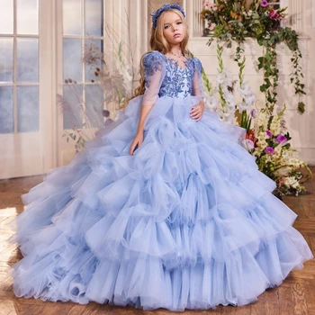 Небесно-голубые платья для цветочниц Пышные многоярусные аппликации для торта с бриллиантовым рукавом для свадебного банкета Платья принцессы