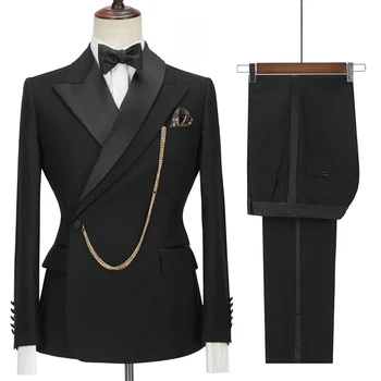 2023 Изготовленный на заказ черный жених смокинг с остроконечным лацканом двубортный мужской костюм выпускной вечер свадебная вечеринка мужские костюмы костюм (пиджак + брюки)