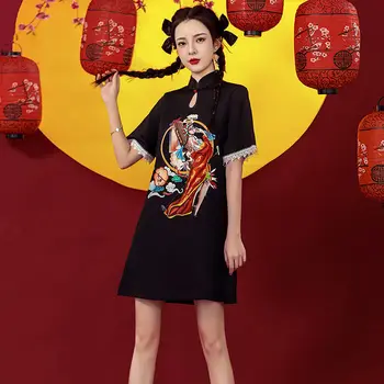 2024 Новое черное национальное модное платье Cheongsam Young Girls Улучшенное свободное короткое платье Черное китайское традиционное платье Cheongsam