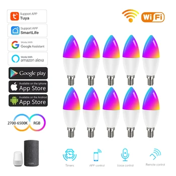 Wifi E14 Свечная лампа Tuya Smart Life App Control RGB Светодиодная лампа с регулируемой яркостью 5/7/9 Вт, совместимая с Alexa Google Home