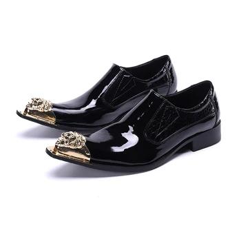 Британский стиль Черный металл Украшение Заостренный носок Мужская обувь Деловое платье Обувь Пэчворк Лакированная Мужская Обувь Большой Размер
