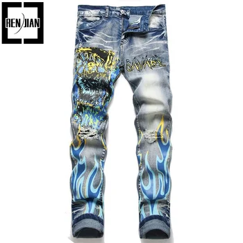 Мужские рваные джинсы Брюки Модные уличные брюки Потертые джинсовые брюки Брюки с принтом пламени с дырками