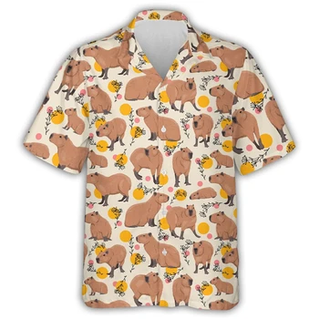Kawaii Capybara Графические рубашки для мужчин Одежда 3D печать Гавайская пляжная рубашка Aloha с коротким рукавом y2k Симпатичные детские топы Блузка с лацканом