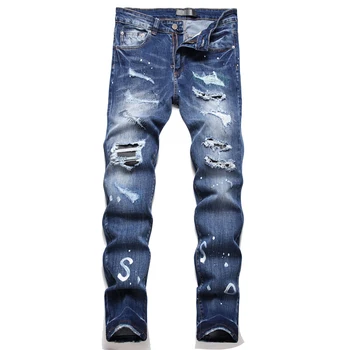  Модный бренд Hole Patch Slim Fit Прям Повседневные рваные джинсы для мужчин Высококачественные джинсовые брюки с принтом Персонализированный синий