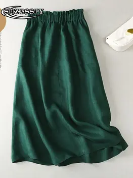 Элегантные юбки для женщин Хлопок Лен Однотонная свободная повседневная женская летняя юбка Мода Эластичная талия Зеленые юбки для женщин