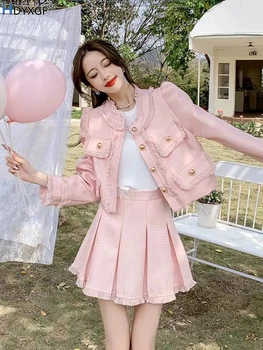 Французский стиль Стойка Вырез Твид Пальто с длинными рукавами + розовый Плиссированная юбка с высокой талией Femee Small Fragrance Wind Комплекты из двух частей