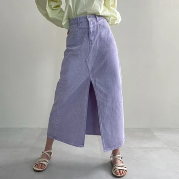 ZHISILAO Новая юбка А-силуэта с высокой талией Женская винтажная длинная джинсовая юбка с разрезом Y2K Лето 2023 Уличная одежда
