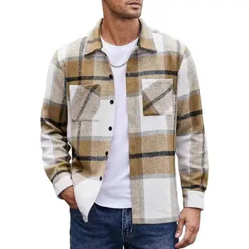 Лацкан Рубашка с длинным рукавом Пиджак Мужская винтажная рубашка Пиджак Мужская рубашка в клетку Пальто Осенне-зимний пиджак с длинным рукавом