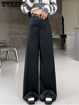 PU кожаные брюки женские коричневые классические винтажные брюки женские с высокой талией и широкими штанинами свободные брюки для мытья полных швабр осень-зима