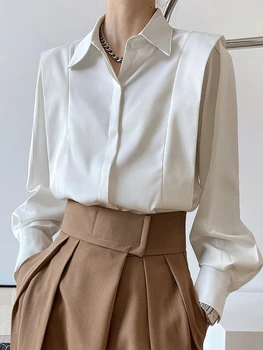 Винтажная атласная рубашка Женская корейская мода с оборками Рабочая одежда Дизайнерская белая топ с длинным рукавом 2023 Новая крутая блузка