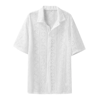 Мужская летняя повседневная футболка на пуговицах Половина рукава Геометрические узоры Рубашки с принтом Топы свободного кроя