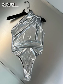 SISPELL Solid Slimming Jumpsuit Для женщин Диагональный воротник Без рукавов с высокой талией Глянцевые комбинезоны Женская одежда лето 2023
