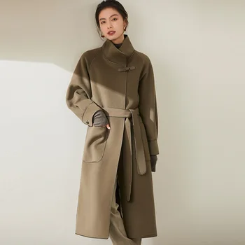 Двухстороннее кашемировое пальто высокого класса для поездок на работу, женское кружевное шерстяное пальто ручной работы, длинное шерстяное пальто осени и зимы