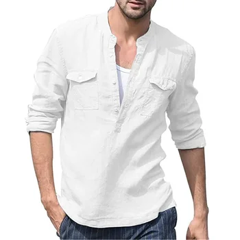 2023 Новая осенне-зимняя хлопчатобумажная льняная рубашка со стоячим воротником Мужская мужская одежда с длинными рукавами Мужская хлопковая льняная рубашка