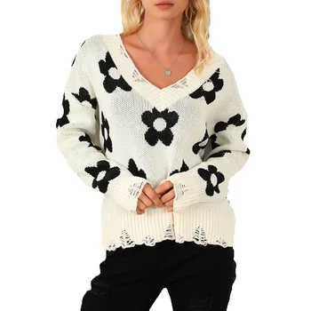 2023 Зима Новый пуловер с V-образным вырезом и цветочным принтом Свитер Женский маленький свежий трикотаж с длинным рукавом
