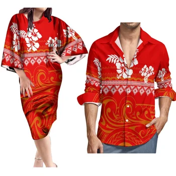 Новый дизайн полинезийского племенного принта платковое платье повседневное платье-бабочка для женщин и рубашка с длинным рукавом для мужчин парный комплект
