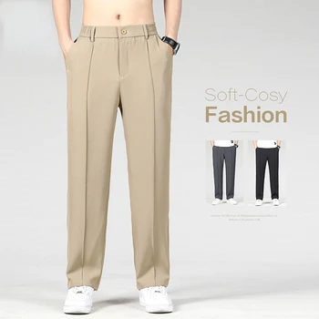 Летние мужские эластичные повседневные брюки Тонкие деловые эластичные брюки на талии Мужские брюки цвета хаки Свободные прямые брюки Одежда Плюс размер M-4XL