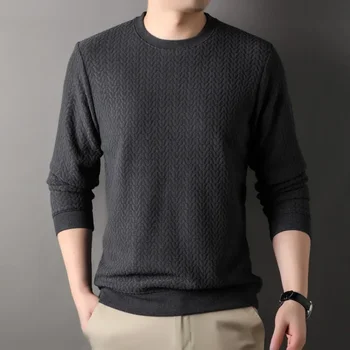 Зимний плюшевый мужской свитер-пуловер с круглым вырезом и тисненым трикотажным свитером для повседневного утолщения