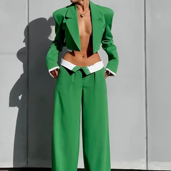 Женский осенний винтажный повседневный блейзер широкие брюки комплект пригородный твердый свободный плечевой костюм с мягким плечом брюки из двух частей