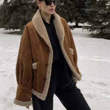  Винтажные глубокие V-образные свободные зимние куртки с большим карманом 2022 года Мода Шерстяное пальто в стиле бохо Верхняя одежда Повседневные замшевые пальто с длинным рукавом для женщин