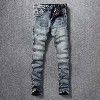 Итальянский стиль Мода Мужские джинсы Ретро Стирка Синий Эластичный Slim Fit Рваные джинсы Мужчины Высокое Качество Винтажные Дизайнерские Джинсовые Брюки