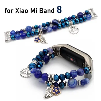 Mi Band 8 Ремешок на запястье Ювелирные изделия Эластичный браслет для Xiaomi Mi Band 8 Женщины Нарядный ремешок для часов Синий агат Хрустальные бусины с шармами