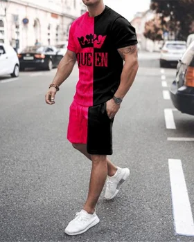  Новый мужской комплект с коротким рукавом Летний модный спортивный костюм Crown Flame 3D-печатная одежда Уличный тренд Футболка Шорты 2 шт. Костюм