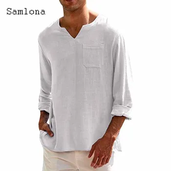 Мужчины Льняные рубашки с длинными рукавами Одежда 2023 Лето Базовые топы Однотонные пуловеры Винтажная пляжная рубашка Мужская повседневная блузка с карманом