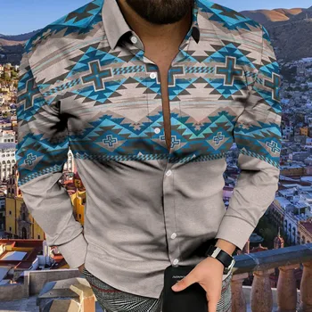 Мода Длинные рукава Мужские рубашки Облегающий крой Социальный Повседневный Ацтекский Этнический Рокабилли 3D Принт Платье Camisas Цветок Ретро Клетчатая блузка