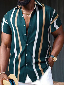 2024 Мужская рубашка Летняя одежда Полосатая графическая 3D-печать Рубашки Мужские топы с коротким рукавом Уличная одежда Свободные повседневные гавайские рубашки